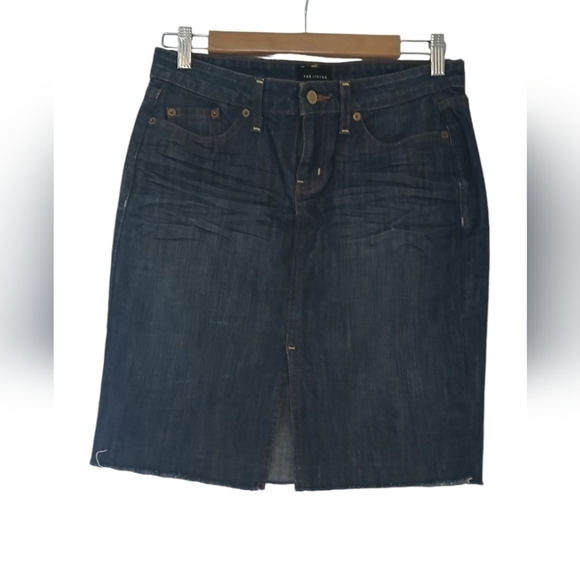 The Limited Skirt Denim Dark Wash Factory Whiskering Raw Hem Side Pockets - Picture 7 of 10